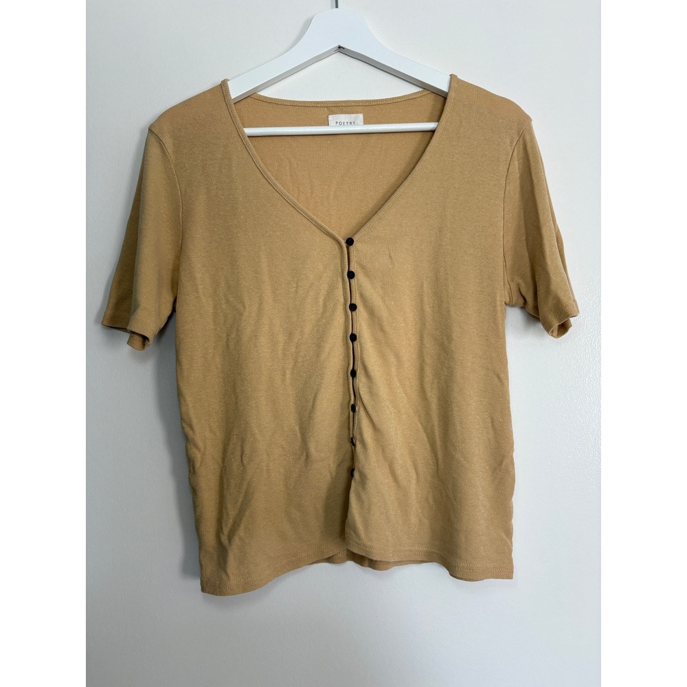 Poetry Short Sleeve Button Front Top 10 Yellow Ochre Hemp Organic Cotton Ribbed